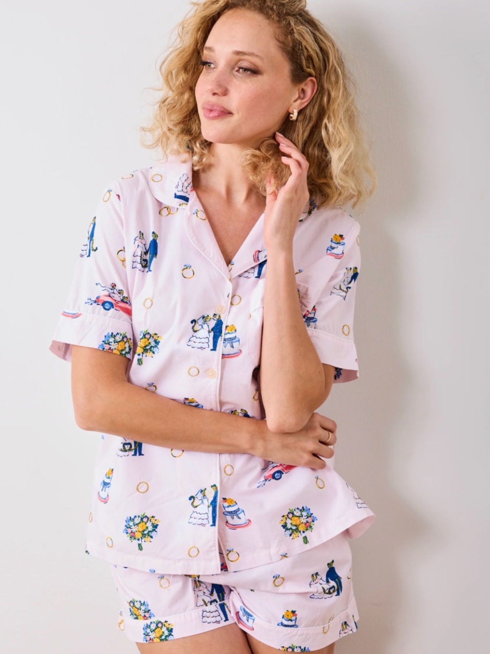 Printfresh Pale Pink Short-Sleeve Button Pajama Set with Wedding Motifs